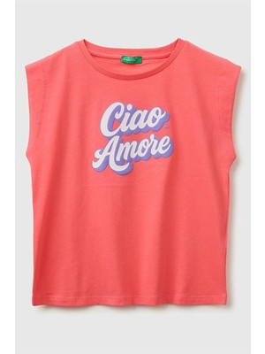 United Colors Of Benetton Kız Çocuk Kabarık Baskı Detaylı T-Shirt Mercan 6-14 Yaş