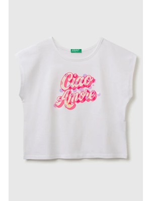 United Colors Of Benetton Kız Çocuk Pul Baskı Detaylı Bisiklet Yaka T-Shirt Beyaz -Pembe 6-14 Yaş