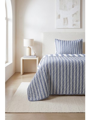 Ocean Home Textile Pamuklu Kaapitoneli Lacivert Renk Çizgi Desen Tek Kişilik Yatak Örtüsü Seti 1 Adet 180 x 230 / 1 Adet 50 x 70 cm
