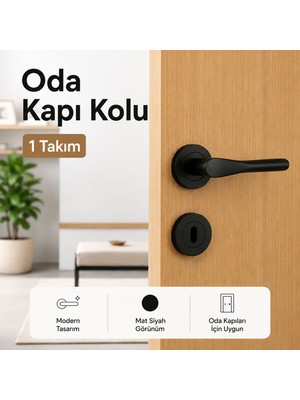 Badem10 Özen Royal Mat Siyah Oda Kapı Kolu 1 Takım Yuvarlak Rozetli Şık Modern Iç Oda Kapı Kolları
