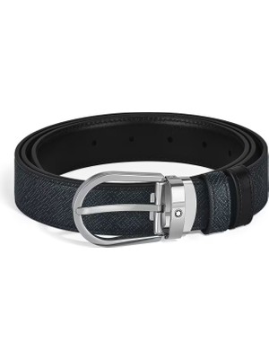 Montblanc Sartorial At Nalı Tokalı Mavi - Siyah 30 mm Çift Taraflı Deri Kemer 220965