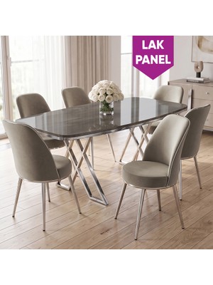 Canisa Peras Serisi 90X160 Lak Panel Antrasit Ironi Krom Ayaklı Masa Takımı 6 Sandalye