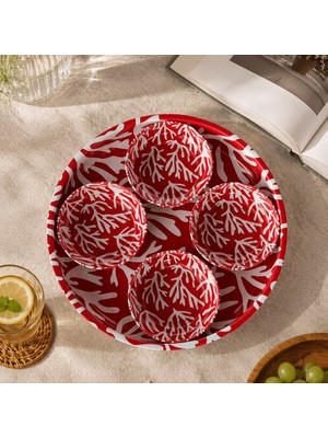 Sarkap Home 26 cm Kırmızı Mercan Meyve Tabağı ve 4'lü Çerezlik Seti