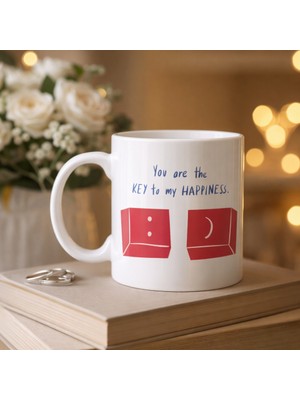 Bezos Model 25 – You Are The Key To My Happiness Tasarımlı Porselen Kupa -Anlamlı & Romantik Hediye