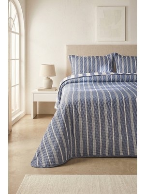 Ocean Home Textile Pamuklu Kapitoneli Lacivert Renk Çizgi Desen Çift Kişilik Yatak Örtüsü Seti 1 Adet 250 x 230 / 2 Adet 50 x 70 cm