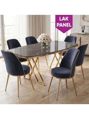 Canisa Peras Serisi 90X160 Lak Panel Antrasit Ironi Gold Ayaklı Masa Takımı 6 Sandalye