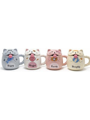 Esplendor Özel Tasarım 3D Kedi Figürlü Kapaklı Kaşıklı Kupa Bardak