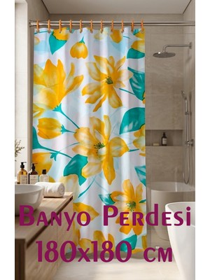 Direkstoktan Banyo Perdesi Su Geçirmez Çiçek Desenli – 12 Adet Turuncu Askı Halkası Dahil Duş Perdesi, 180X180 cm - Top Star Shower Hanger