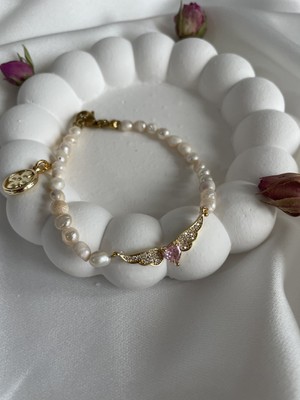 Maison Perle Jewelry Volan Melek Kanadı Kalpli Bileklik Tam Tur Gerçek Inci Bilek