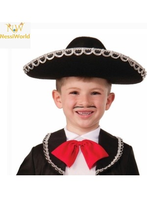 Uravas Store Mey Ithalat® Gümüş Renk Şeritli Meksika Mariachi Latin Şapkası 55 cm Çocuk