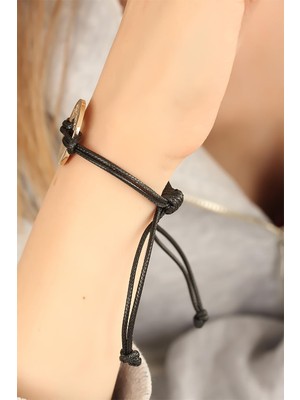 Bezos Lucky (Şanslı) Siyah Deri Ipli Unisex Mood Bileklik