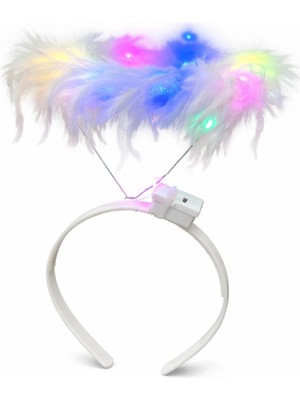 Uravas Store Mey Ithalat® Renkli LED Işıklı Beyaz Tüylü Püsküllü Parti Tacı