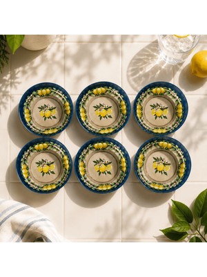 Sarkap Home 10 cm Çap, 3.2 cm Yükseklik 6'lı Lemon Design Lacivert Dondurmalık ve Çerezlik Seti