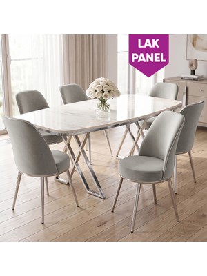 Canisa Peras Serisi 90X160 Lak Panel Beyaz Mermer Desen Krom Ayaklı Masa Takımı 6 Sandalye