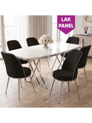 Canisa Peras Serisi 90X160 Lak Panel Beyaz Mermer Desen Krom Ayaklı Masa Takımı 6 Sandalye