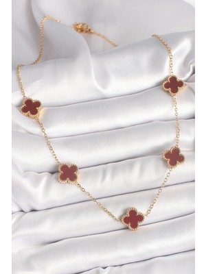 Uravas Store Mey Ithalat® 316L Çelik Gold Renk Zincir Bordo Yonca Model Kadın Kolye