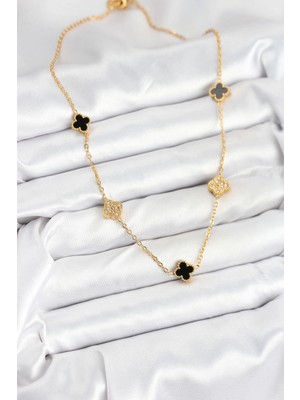 Uravas Store Mey Ithalat® 316L Çelik Zincir Gold Renk Siyah ve Zirkon Taşlı Baby Boy Yonca Kadın Kolye
