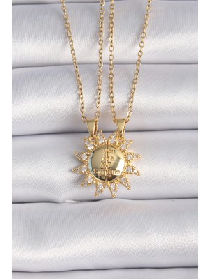 Uravas Store Mey Ithalat® 316L Çelik Gold Renk Zirkon Taşlı Güneş Model Işleme Yazı Detay Arkadaş Kolyesi