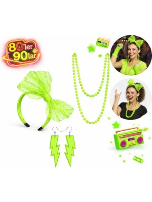 Uravas Store Mey Ithalat® 80’ler 90’lar Neon Yeşil Parti Seti – Kolye Küpe Taç