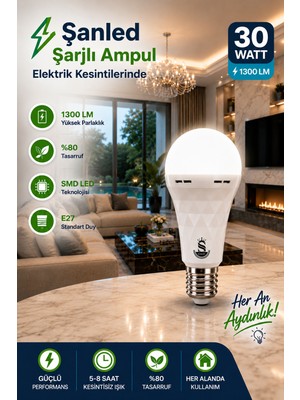 ŞANLED Şarjlı Akülü 30W Beyaz Işık LED Ampul-1 Adet
