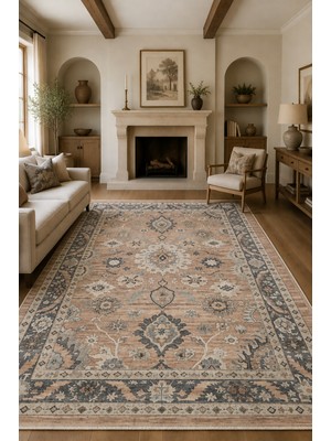 Fuly Consept Bej Gri Vintage Halı Etnik Çiçek Motifli Dekoratif Salon Halısı 3026-1