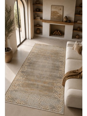 Fuly Consept Vintage Görünümlü Modern Halı | Gri Gold Bej Renk | Etnik Bordürlü Salon Halısı | Gri Yıkanabilir Kilim | Oturma Odası Halısı Yh 2206-2