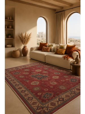 Fuly Consept Bordo Etnik Desenli Vintage Halı Kaymaz Tabanlı Dekoratif Salon Halısı FCKLM3025-2 Bordo Kilim