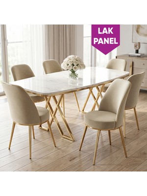 Canisa Peras Serisi 90X160 Lak Panel Beyaz Mermer Desen Gold Ayaklı Masa Takımı 6 Gri Sandalye