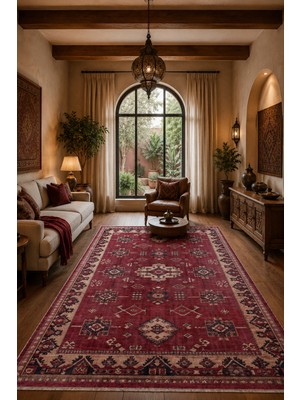 Fuly Consept Bordo Vintage Halı Anadolu Motifli Dekoratif Oturma Odası Halısı 3029