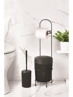 Bezos Metal Standlı Yuvarlak Kovalı & Kağıtlıklı & Fırçalıklı Siyah Banyo Takımı