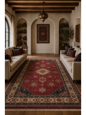 Fuly Consept Bordo Vintage Halı Anadolu Motifli Dekoratif Salon Halısı 3028-2 Bordo