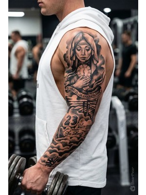 BP Tattoo BP 48x17 cm Rahibe ve Bulut Geçici Dövme Kol Kaplama Genç Yetişkin Kullanımı İçin