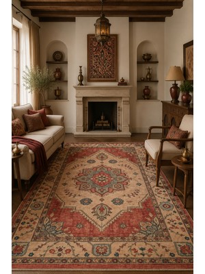 Fuly Consept Pudra Somon Vintage Halı Etnik Medalyon Desenli Dekoratif Salon Halısı 3027-1