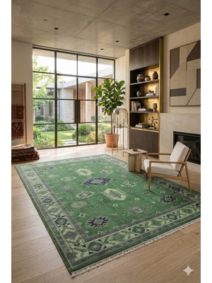 Fuly Consept Yeşil Vintage Halı Etnik Desenli Modern Salon Oturma Odası Halısı Kaymaz Taban Dekoratif Halı TH-3025-1
