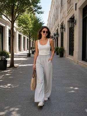 Esra Butik %100 Tensel Yazlık Pantolon Acı Kahve & Taş Renk Rahat Kalıp Kadın Pantolon