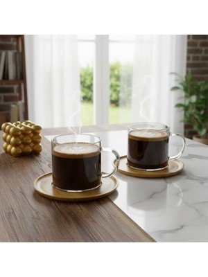 MWX Teknoloji Bambu Tabaklı 2'li Cam Fincan Seti 150 ml - Yuvarlak/kare Seçenekli Borosilikat Bitki Çayı ve Double Kahve Fincanı (Yuvarlak Tabaklı)
