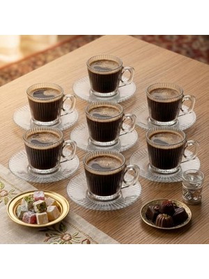 MWX Teknoloji 6’lı Cam Kahve Fincanı Seti Çizgili Desenli Şeffaf Fincan ve Tabak Takımı 8 cm Espresso Türk Kahvesi Sunum Seti
