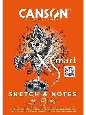 MWX Teknoloji Canson Xsmart Çizim Kağıdı, Beyaz, Ince Taneli, 90 G/m², Uzun Taraflı Yapışkan Blok, A4-21 x 29,7 Cm, Beyaz, 50 Yaprak