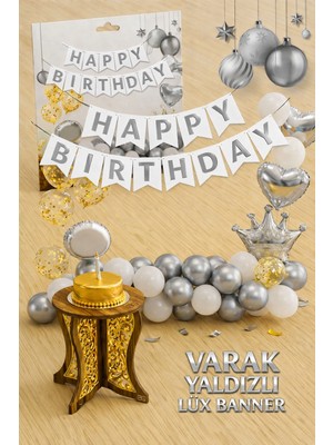 Party Express Gümüş Varak Yaldızlı Lüks Happy Birthday Banner - Beyaz
