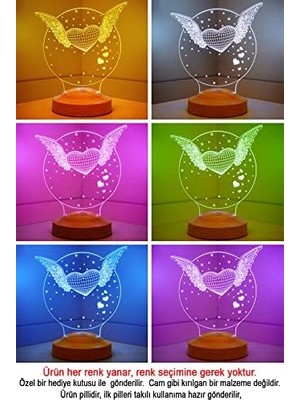 MWX Teknoloji Melek Aşkım Hediyesi Kanatlı Kalp 3D LED Lamba