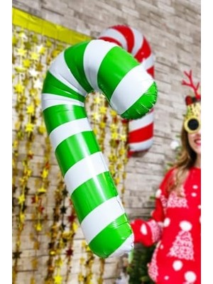 MWX Teknoloji P.e.k. Büyük Yeşil Beyaz Baston Şeker Folyo Balon Yılbaşı Süslemesi Büyük Baston Şeker Balon 90CM