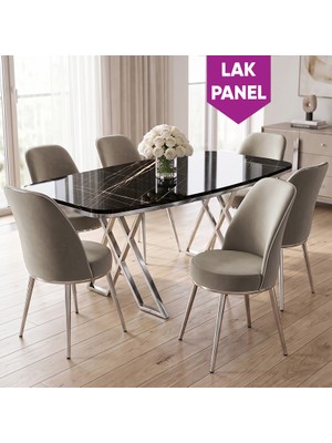 Canisa Peras Serisi 90X160 Lak Panel Siyah Mermer Desen Krom Ayaklı Masa Takımı 6 Sandalye