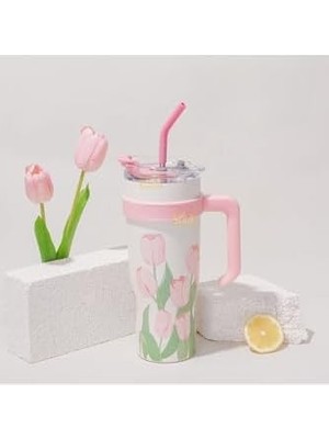 MWX Teknoloji 1200ML Pembe Lale Desenli Tumbler Pipetli/pipetsiz Kulplu Paslanmaz Çelik Termos