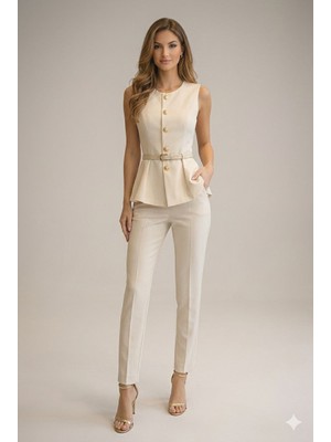 Lifera Gold Düğme Detaylı Peplum Yelek ve Kalem Pantolon Ikili Takım, Ceket- Pantolon Takım