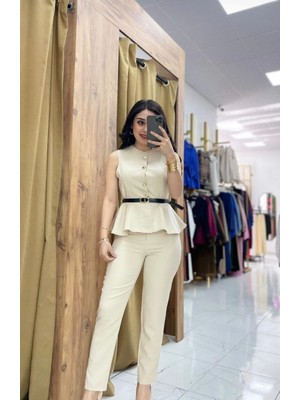 Lifera Gold Düğme Detaylı Peplum Yelek ve Kalem Pantolon Ikili Takım, Ceket- Pantolon Takım