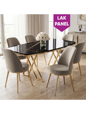 Canisa Peras Serisi 90X160 Lak Panel Siyah Mermer Desen Gold Ayaklı Masa Takımı 6 Sandalye