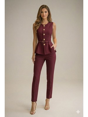 Lifera Gold Düğme Detaylı Peplum Yelek ve Kalem Pantolon Ikili Takım, Ceket- Pantolon Takım