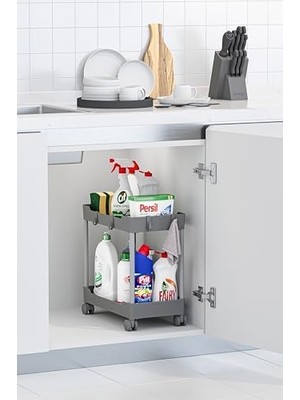 MWX Teknoloji Gri 2 Katlı Tekerlekli Düzenleyici Mutfak ve Banyo Rafı