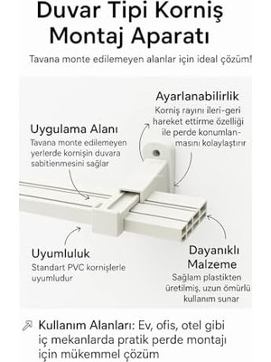 MWX Teknoloji Perde Rayı Korniş L Ayak Montaj Aparatı, Duvara Uyumlu, Ayarlanabilir, 2 ve 3 Raylı Kornişler Için, Sert Plastik Malzeme, Pratik Montaj (6 Adet)
