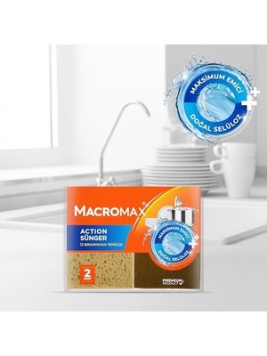 MWX Teknoloji Macro Max Action Sünger 2'li Paket, Doğal Selülozlu Maksimum Emici Iz Bırakmaz Bulaşık Süngeri